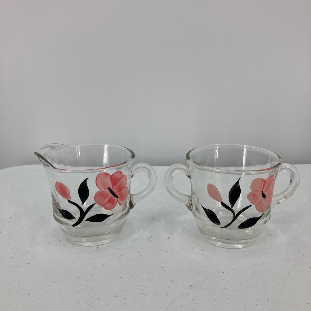 Vintage Bartlett Collins 1950's MCM Hand Painted Rose Flower Sugar Creamer Set